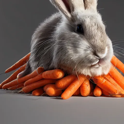 Prompt: hasidic rabbit sitting on pile of carrots intricate detail, finely detailed, small details, extra detail, photorealistic, high resolution, vray, hdr, hyper detailed, insane details, intricate, elite, ornate, elegant, luxury, dramatic lighting, octane render, weta digital, micro details, 3 d sculpture