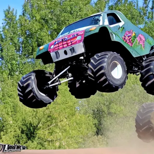 Image similar to shrek has transformed into a monster truck, shrek monster truck, high resolution photo, the shrek monster truck derby