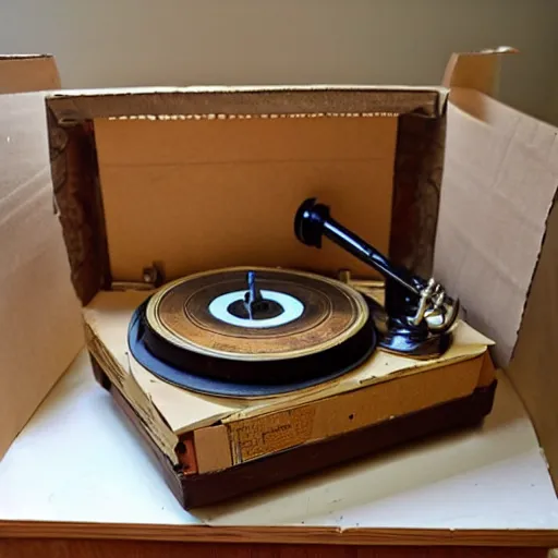 Prompt: An old phonograph made of cardboard.