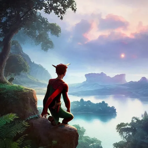Image similar to Tom Holland as peter pan,looking over the horizon,river in front of him,detailed, 8k hd,by rossdraws and greg rutkowski,in the style of a Instagram profile picture