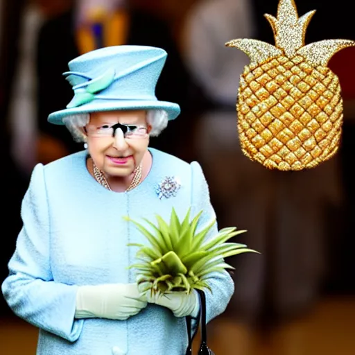 Image similar to the queen of england with a crown is a pineapple with jewels