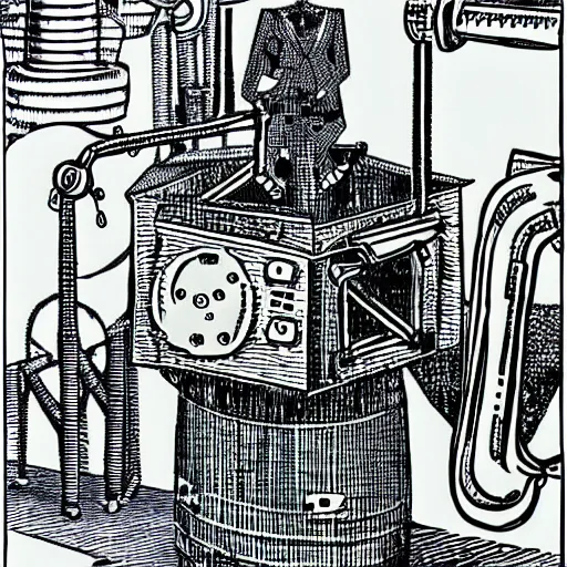 Image similar to etching of an anthropomorphic factory machine in the style of boris artzybasheff