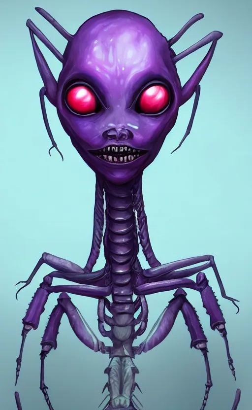 Image similar to character portrait art, ant alien, trending in artstation, purple color lighting