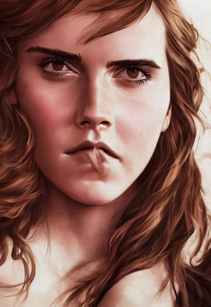 Prompt: highly detailed illustration, character portrait of Emma Watson, digital art by Alex Ross and Moebius 4k, 8k, HD