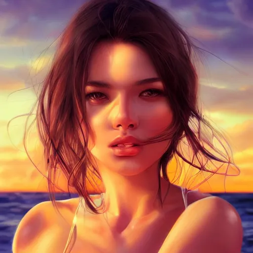 Prompt: portrait of beautiful woman on the beach, brown eyes, sunset, extremely detailed, by wlop, ross tran, artgerm.