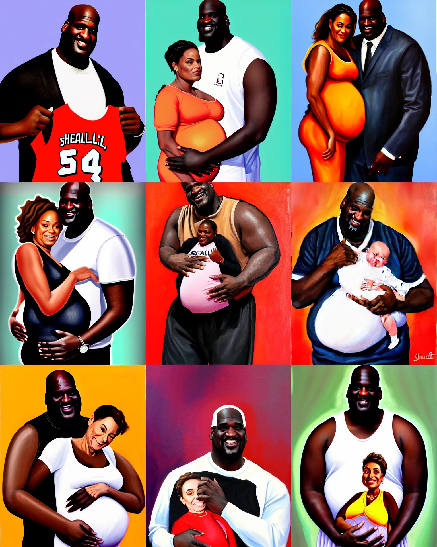 Prompt: shaquille o'neil pregnant, shaquille o'neil holding his pregnant stomach, shaquile o'neil pregnant, shaquille o'neil embracing judge judy, judge judy, judge judy, oil on canvas, trending on artstation, digital art