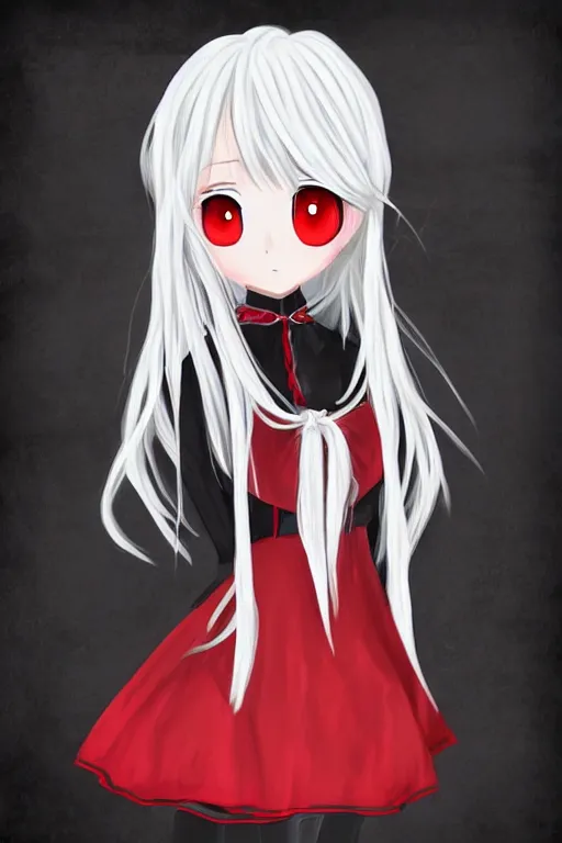 Prompt: Anime girl with chin length white hair, wearing red gothic lolita clothing, trending on Instagram, digital drawing