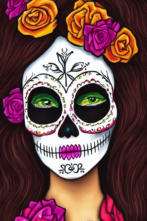 Prompt: illustration of a sugar skull day of the dead girl, art by doug johnson