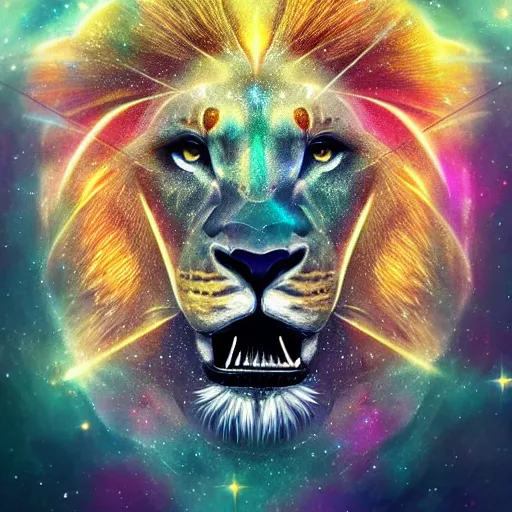 Image similar to geometric symmetrical lion with galaxy eyes in space, nebula in the background, intricate, elegant, highly detailed, digital painting, artstation, concept art, smooth, sharp focus, illustration, art by artgerm