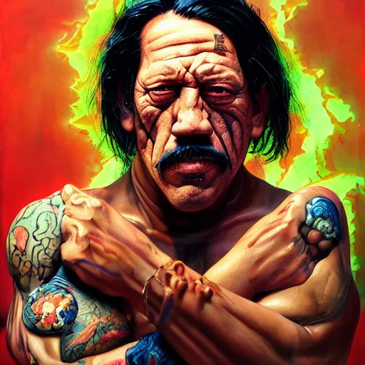 Prompt: prompt : danny trejo necromancer soft light painted by james jean and katsuhiro otomo and erik jones, inspired by akira anime, smooth face feature, intricate oil painting, high detail illustration, sharp high detail, manga and anime 1 9 9 9