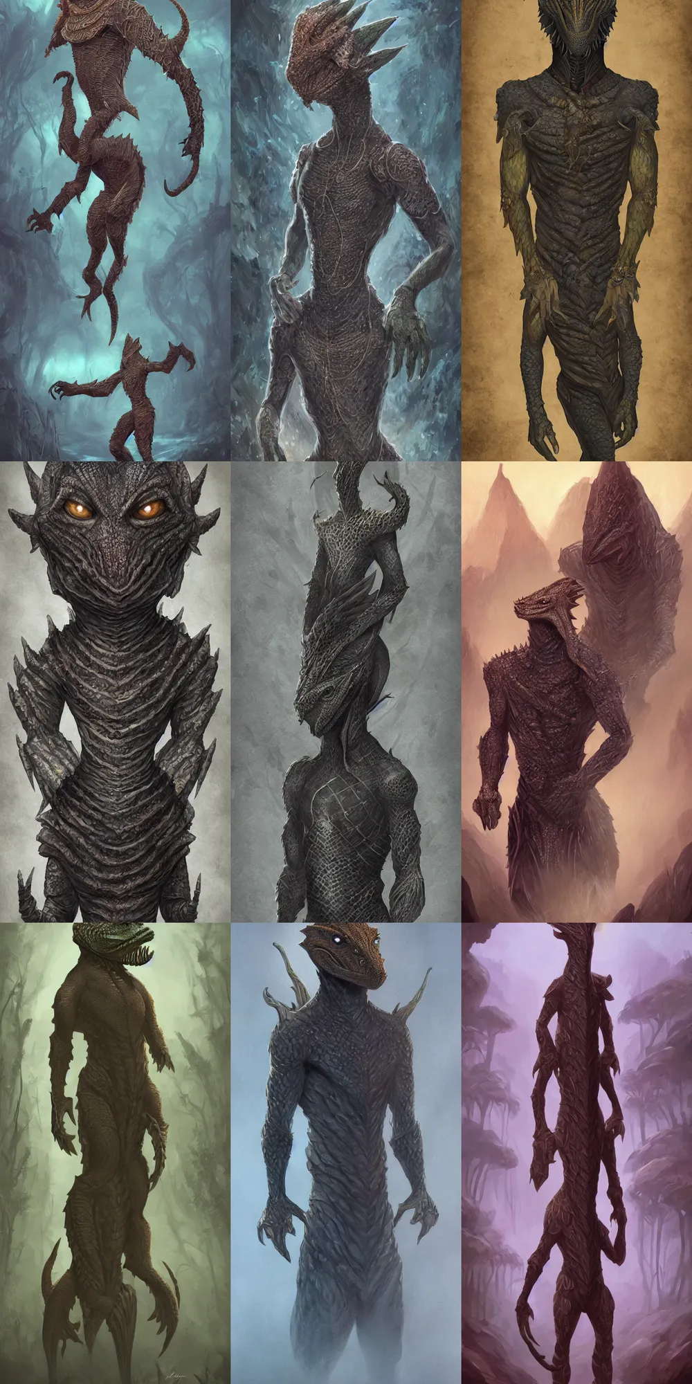 Prompt: african argonian! body! in full, entire body, epic fantasy beautiful anthropomorphic sentient creature male elegant digital art by loish and oriana menendez and alexandre chaudret west africa patterns style body, smooth, artstation, unreal, foggy, atmospheric, bloom, vignette