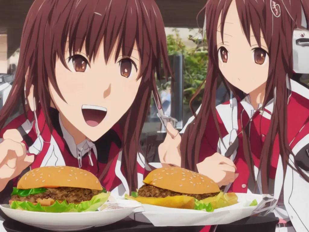 Image similar to yuuki konno from sword art online eating a big burger and being happy, High Definition detail, 8K, anime