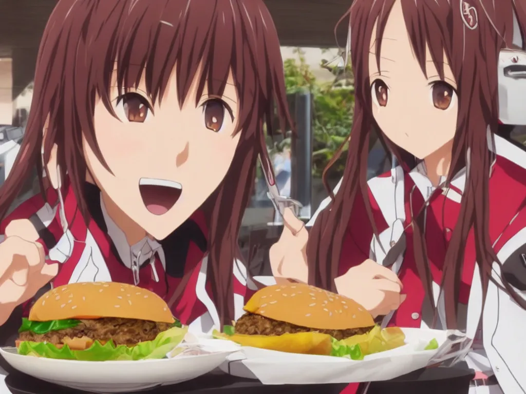 yuuki konno from sword art online eating a big burger, Stable Diffusion