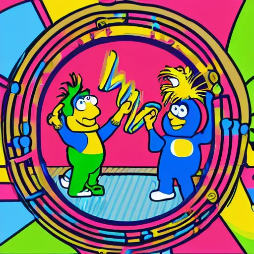 Image similar to svg sticker of a Pop-Wonder Bert&Ernie, Sesame-Street, at a rave, spinning records, giant headphones rocking out, wearing headphones, huge speakers, dancing, rave, DJ, spinning records, digital art, amazing composition, rule-of-thirds, award-winning, trending on artstation, featured on deviantart