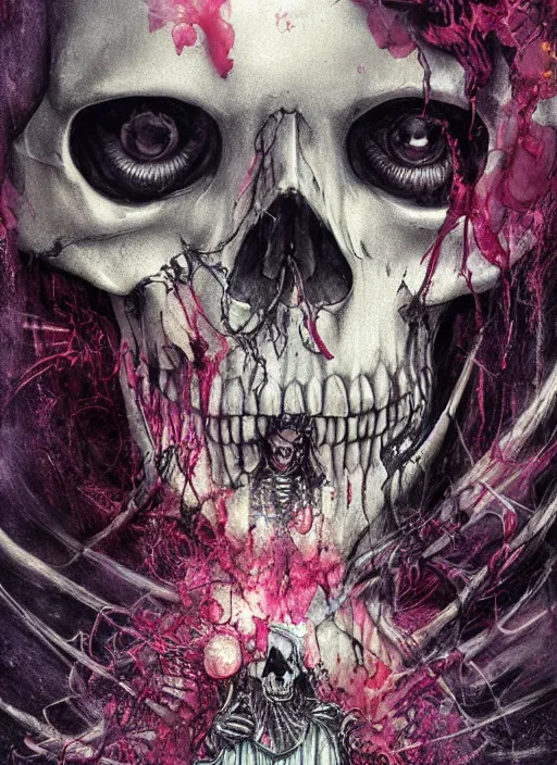 Image similar to alice's sister, death tarot card, highly detailed, half skull face, cinematic, 8 k, by megan duncanson, benjamin lacombe, adrian borda, stanley artgermm, tom bagshaw, craig mullins, carne griffiths, ayami kojima, beksinski, giger, trending on deviantart, hyper detailed, horror, full of colour