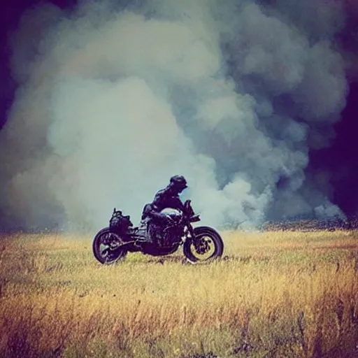 Image similar to “a knight in full armor on a burning motorcycle 🏍 that is one fire in an empty desolate field at nighttime”