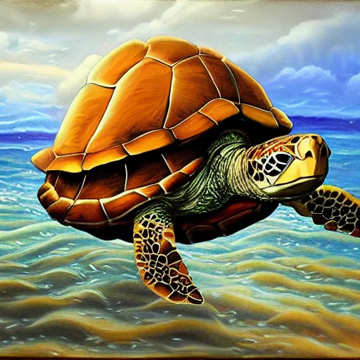 Prompt: Realm in a shell of a turtle in the sea, fantasy, oil painting, extra detailed