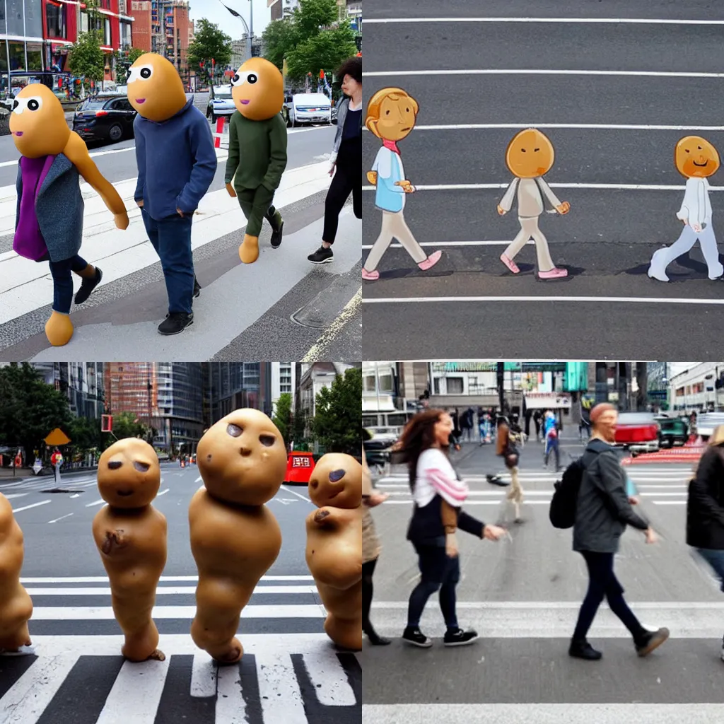 Prompt: Human-like potatoes walking on a pedestrian crossing in a city, potatoes that look like humans