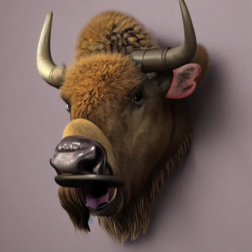 Image similar to hunting trophy bison head in oculus vr nailed to the wall,