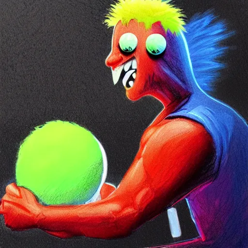 Image similar to a eminem slim shady tennis ball monster, tennis ball, lightning, chalk, digital art, fantasy, magic, trending on artstation, ultra detailed, professional illustration by Basil Gogos