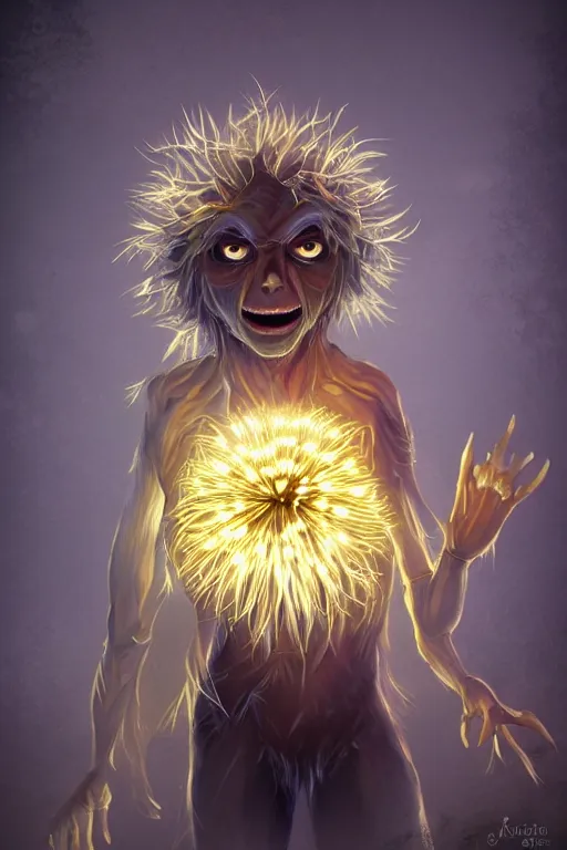 Image similar to a glowing humanoid figure dandelion monster with large glowing eyes, highly detailed, digital art, sharp focus, trending on art station, artichoke, anime art style