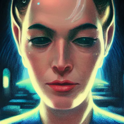 Image similar to detailed face of a woman, clockwork, moment, tectonic sky, skydome, bullet train, turbines, utopian, tech noir, wet reflections, prism, atmospheric, ambient, pj crook, syd mead, livia prima, greg rutkowski, edward hopper