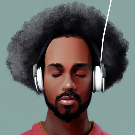 Image similar to portrait of a black man with afro wearing headphones, looking cool, digital painting, artstation