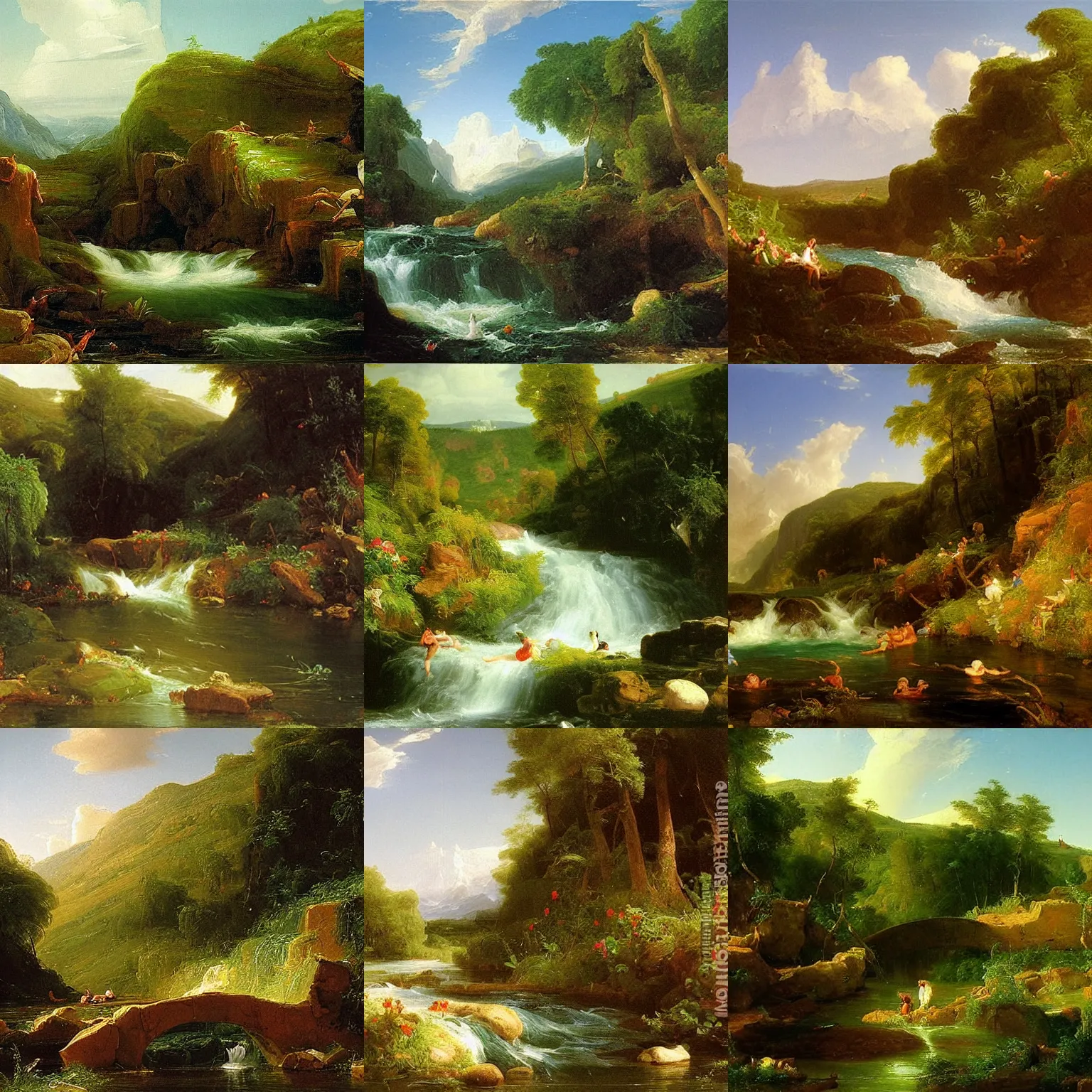 Prompt: the stream is a metaphor for life. it is always moving forward, even though it may meander. an oil painting by thomas cole