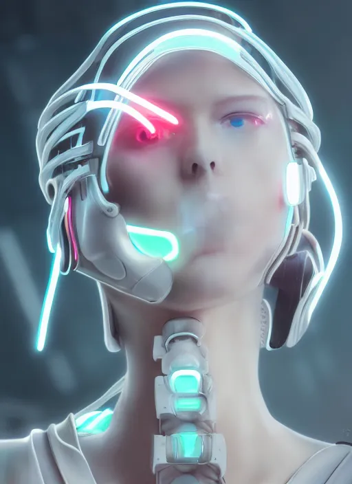 Image similar to white one cast futuristic biomechanic future human, beautiful face, female, futuristic, neon lights, cyberpunk, 8 k, digital painting, by beeple and makoto shinkai, trending on cg society, glamour pose, fashion photography, high fashion, canon r 3, photorealistic, hyper realisitic