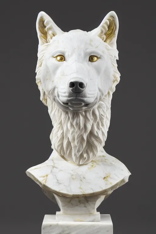Image similar to a white marble bust of a wolf with gold filigree