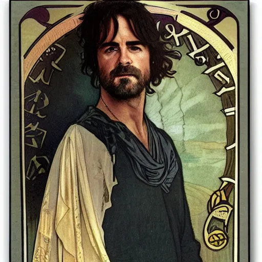 Prompt: justin theroux portrait by louis - theophile hingre and alphonse mucha, realistic, sharp focus, zodiac signs, tarot cards, planets, ethereal, art nouveau, magic, moon, sun, crown, dreamy, royal, jewellery