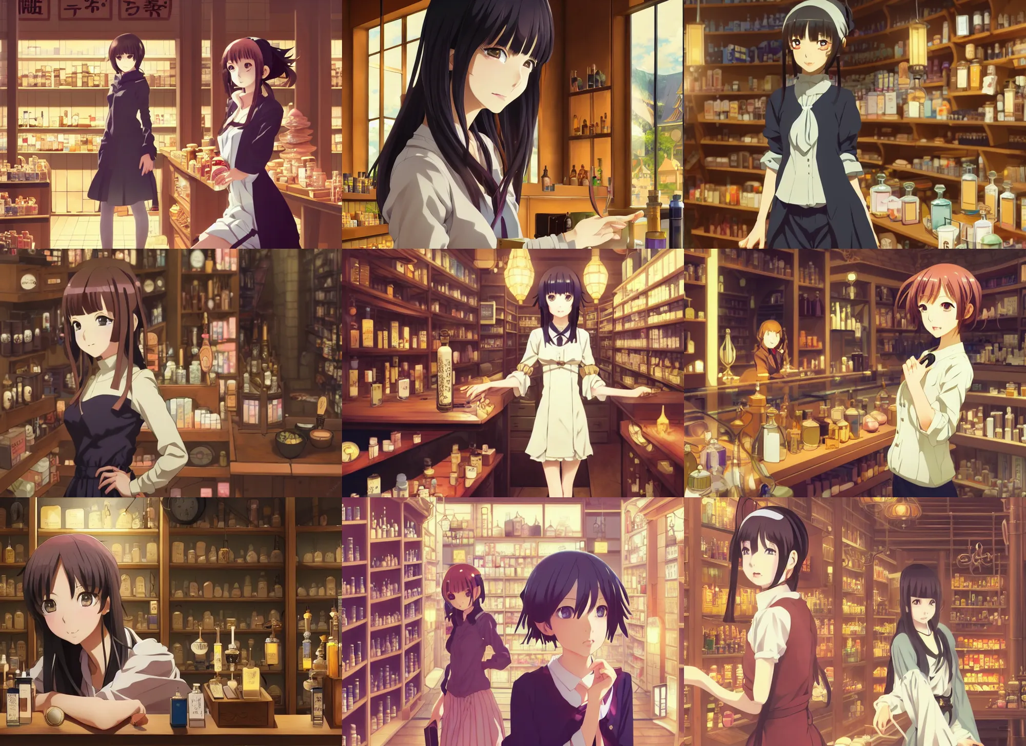 Prompt: anime visual, portrait of a young female traveler in a alchemist's potion shop interior shopping, low light, cute face by ilya kuvshinov, yoh yoshinari, makoto shinkai, katsura masakazu, dynamic pose, dynamic perspective, cel shaded, flat shading mucha, crisp smooth clean lines, rounded eyes, moody, detailed facial features