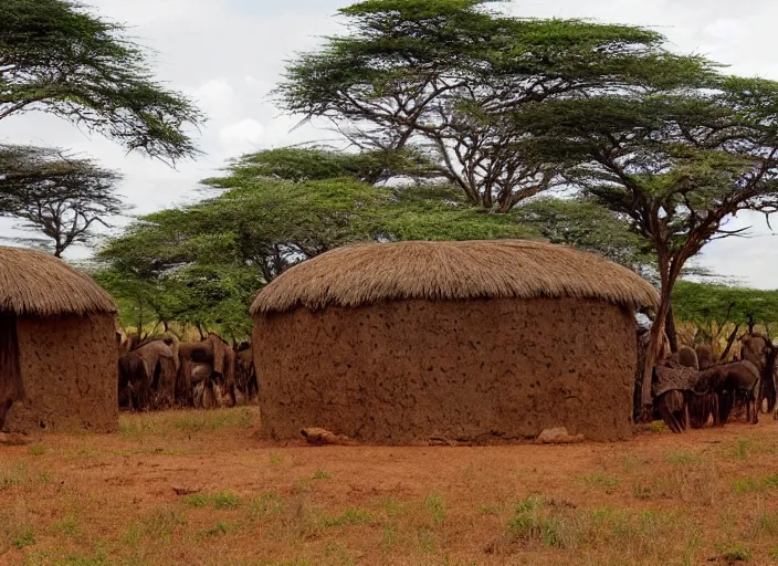 Prompt: prehistoric shed in the primoradial savannahs of kenya in 1000 BC, early humans surrounding it in fascination