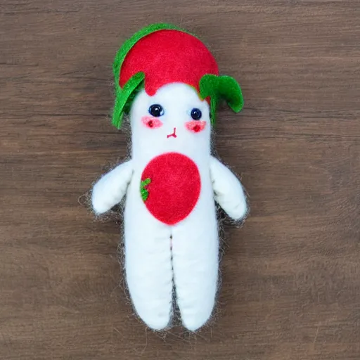 Prompt: creepy strawberry critter felt doll