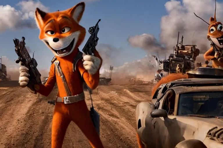 Image similar to nick wilde, heavily armed and armored facing down armageddon in a dark and gritty reboot from the makers of mad max : fury road : witness me