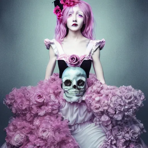 Image similar to 8 k, octane render, realism, tonalism, renaissance, rococo, baroque, cotton candy, portrait of a creepy young lady wearing long - harajuku manga flowers and skulls dress