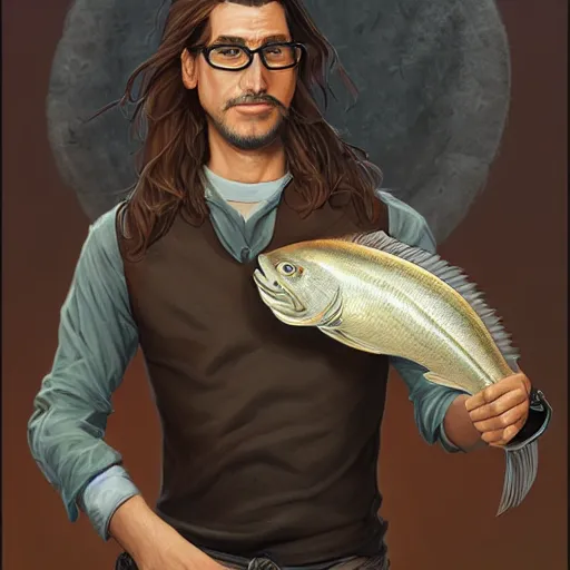 Prompt: a trade offer meme of a handsome guy with very long brownish! hair!, with nerdy! glasses! and goatee holding a flounder, art by artgerma and greg rutkowski