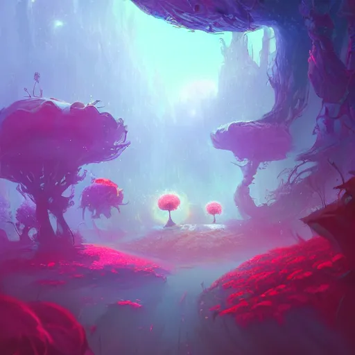 Prompt: a beautiful colorful interesting detailed sci-fi storybook fantasy landscape scene of a Wonderland full of weird trees and flowers, magic the gathering, Marc Simonetti and Anato Finnstark, neon pastel color palette, vibrant 8k rendering, Pixar concept art, trending on artstation HQ