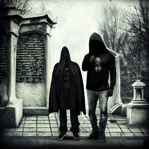 Prompt: painting a photorealistic photos from two people wear creepy mask and black hoodie with pentagram, knife, blood, creepy, devil, psycho, cover album, standing in front of cemetry statue, realistic, detailed body proportionate, detailed environments and object, proffesional photography, dark background