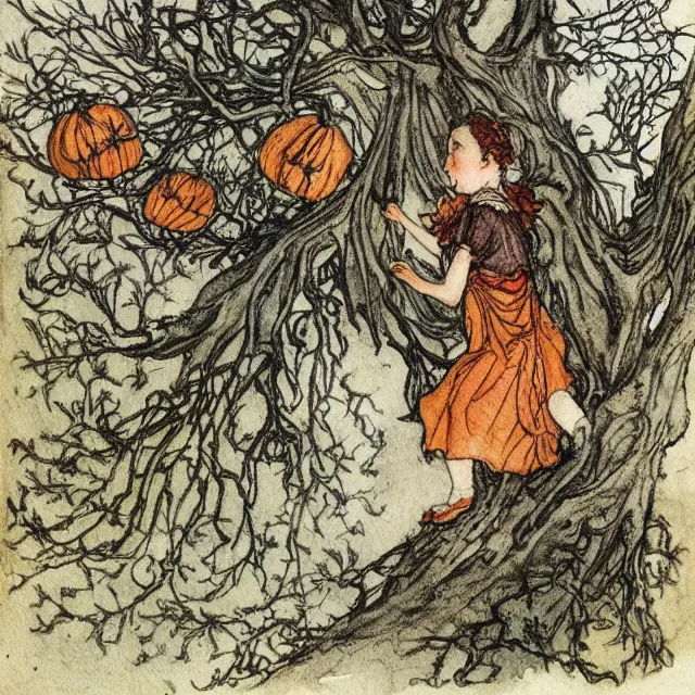 Image similar to a detailed, intricate watercolor and ink illustration with fine lines, of a young girl in a dress climbing a gnarled tree in a pumpkin patch, by arthur rackham and edmund dulac