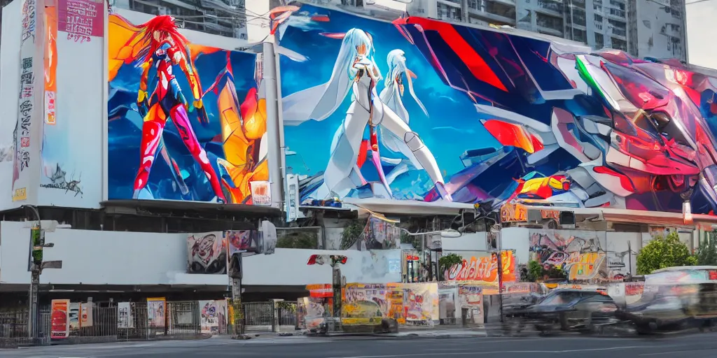 Image similar to billboard advertisement with an extremely beautiful photo of a white marble statue of an anime girl with colorful motocross logos and motorcycle helmet with closed visor, colorful smoke in the background, carved marble statue, fine art, neon genesis evangelion, virgil abloh, offwhite, denoise, highly detailed, 8 k, hyperreal