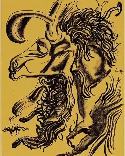 Image similar to a creature with the body and eyes of a man, with the beak of an eagle, the mane of a lion, and the horns of an ox. drawn by salvador dali