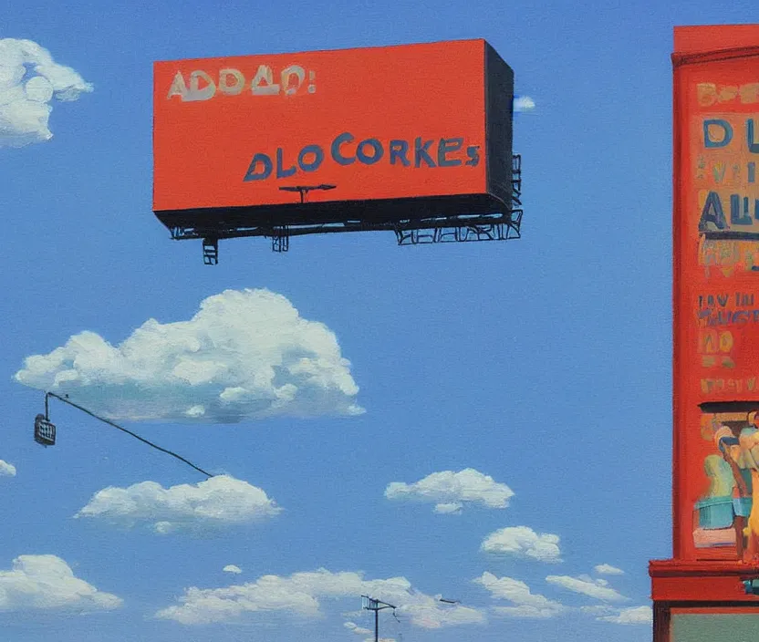 Image similar to a very detailed painting of one billboard which has written do aliens exist? on it, baby blue sky with very aesthetic stylized clouds, in the style of edward hopper, very small brushstrokes, 4 k,