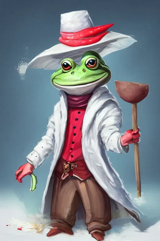 Image similar to cute anthropomorphic frog wearing a white butcher coat with a white butcher hat and holding a cleaver, cutting a wipe red watermellon, tiny, small, miniature frog, baby animal, short, pale blue armor, cute and adorable, pretty, beautiful, DnD character art portrait, matte fantasy painting, cgsociety Artstation, by Jason Felix by Steve Argyle by Tyler Jacobson by Peter Mohrbacher, cinematic lighting