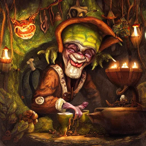 Prompt: goblin tea merchant in his grotto, realistic fantasy painting, cinematic