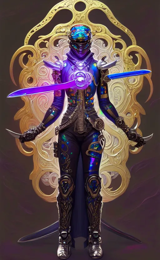 Image similar to iridescent opal cyborg ninja warrior, intricate ornate details, morandi color scheme, hd, illustration, epic, d & d, fantasy, intricate, elegant, highly detailed, wide angle, digital painting, artstation, concept art, smooth, sharp focus, illustration, wallpaper, art by artgerm and greg rutkowski and alphonse mucha and jin xiaodi