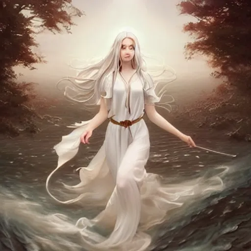 Image similar to an beautiful goddess in a short sleeved white blouse and white long flowing hair, modern, wet skin, shiny, fine art, awesome fantasy book cover on Pinterest, award winning, dark fantasy landscape, fantasy magic, intricate, elegant, sharp focus, cinematic lighting, highly detailed, digital painting, concept art, art by WLOP and Artgerm and Greg Rutkowski, masterpiece, trending on artstation, 8K