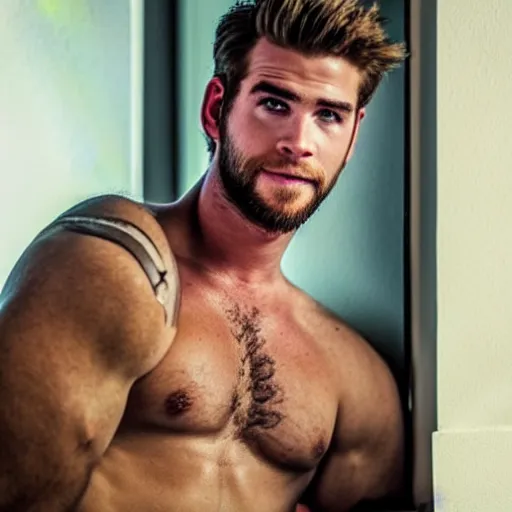 Prompt: a realistic detailed photo of a guy who is an attractive humanoid who is half robot and half humanoid, who is a male android, actor liam hemsworth, shiny skin, posing like a statue, blank stare, in a living room, on display, showing off his muscles