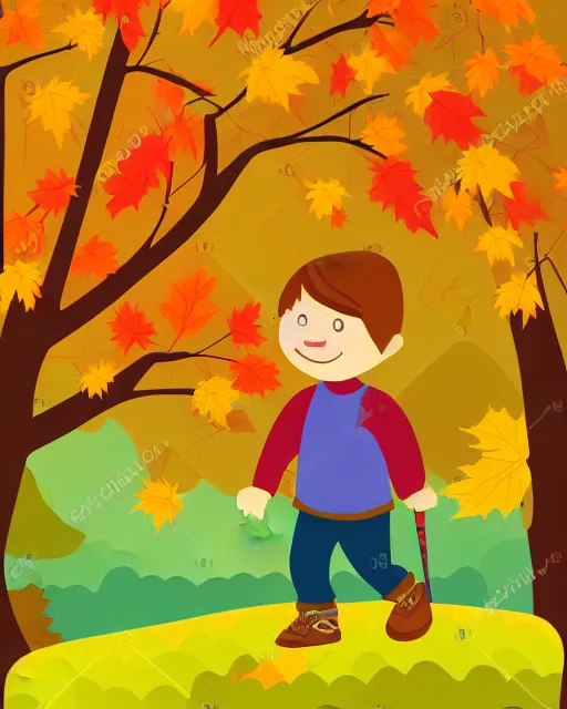 Prompt: autumn hillside boy hiking illustration light color