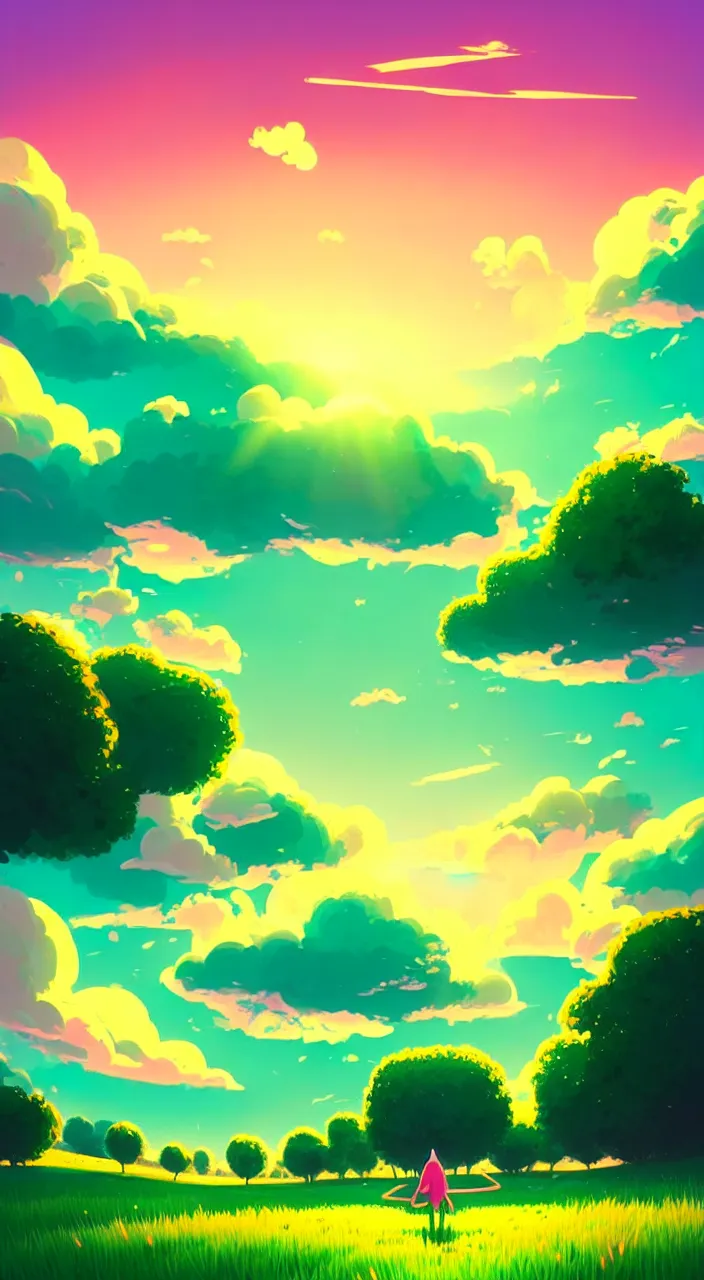 Image similar to green lush field, aesthetic, calming, pink and yellow clouds in the sky, brightly illuminated by rays of sun, clouds backlit by the sun, sunset, artstation, colorful sylvain sarrailh illustration, peter chan, day of the tentacle style